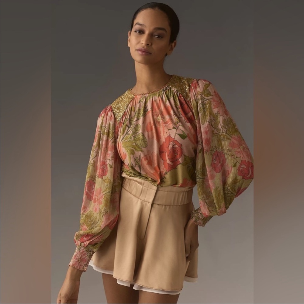 Anthropologie Bl-nk London Sequin-Embellished Blouse‎ Floral Pink Green Size XL